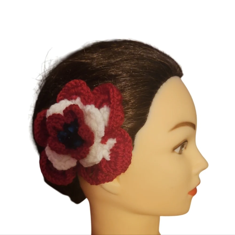 Handcrafted Red and White Floral Hair Clip Crochet Knit Patriotic Hair Accesory